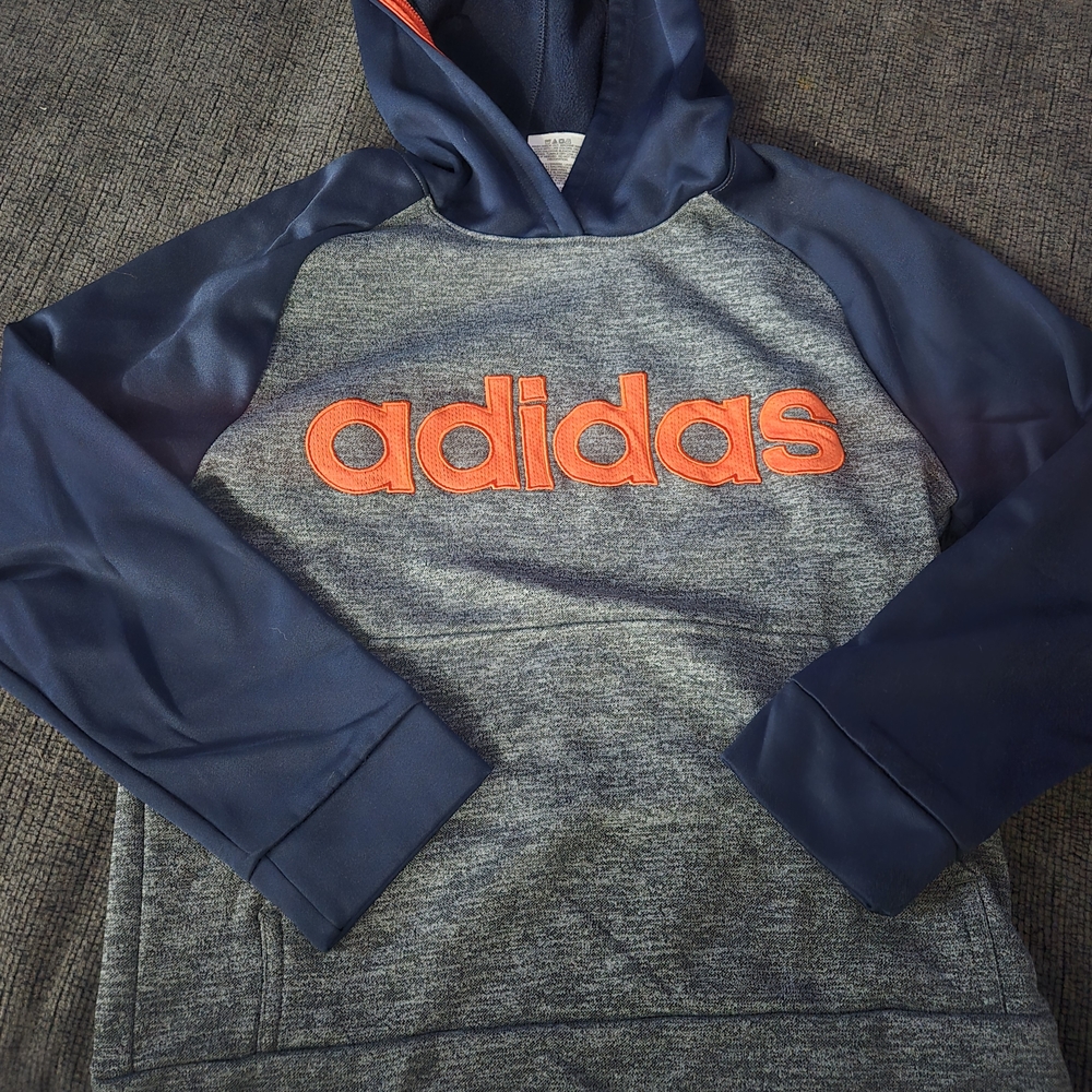 Adidas Blue and Gray Hoodie with Vibrant Orange Logo
